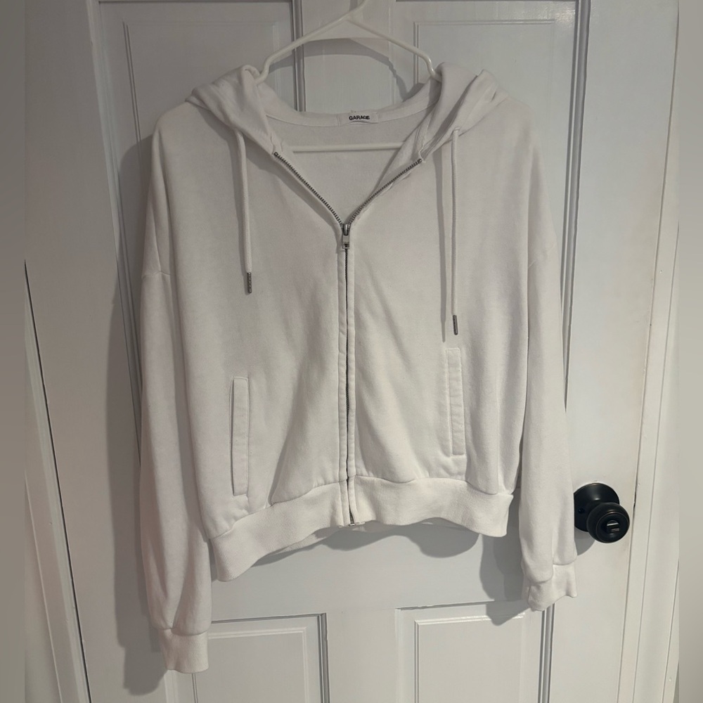 Garage white cropped zip up hoodie